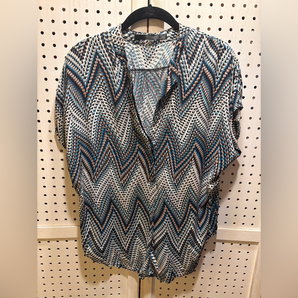 Fun 2 Fun Chevron V-Neck Blouse - Blue, Black, White